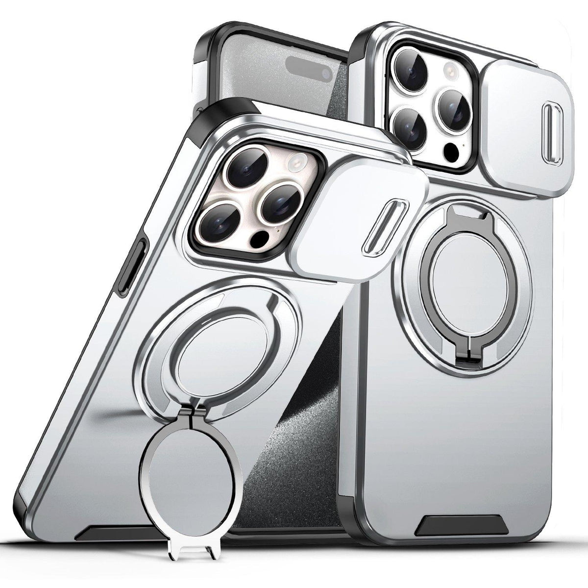 For iPhone 15 Pro Max Sliding Camshield Ring Holder Phone Case - Silver - EDA006784201G