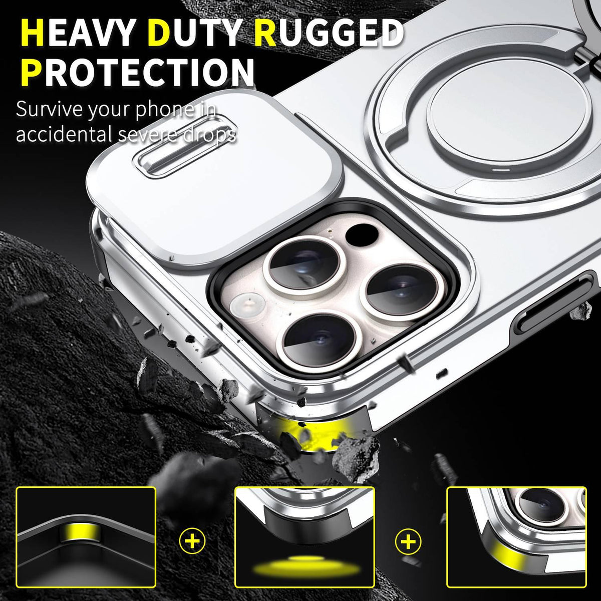 For iPhone 15 Pro Max Sliding Camshield Ring Holder Phone Case - Silver - EDA006784201G