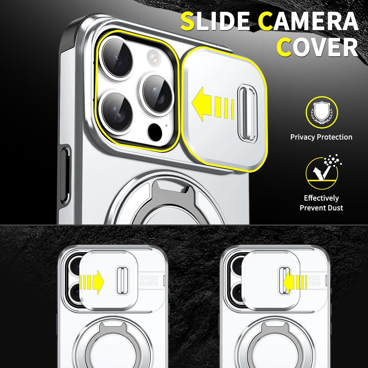 For iPhone 15 Pro Max Sliding Camshield Ring Holder Phone Case - Silver - EDA006784201G