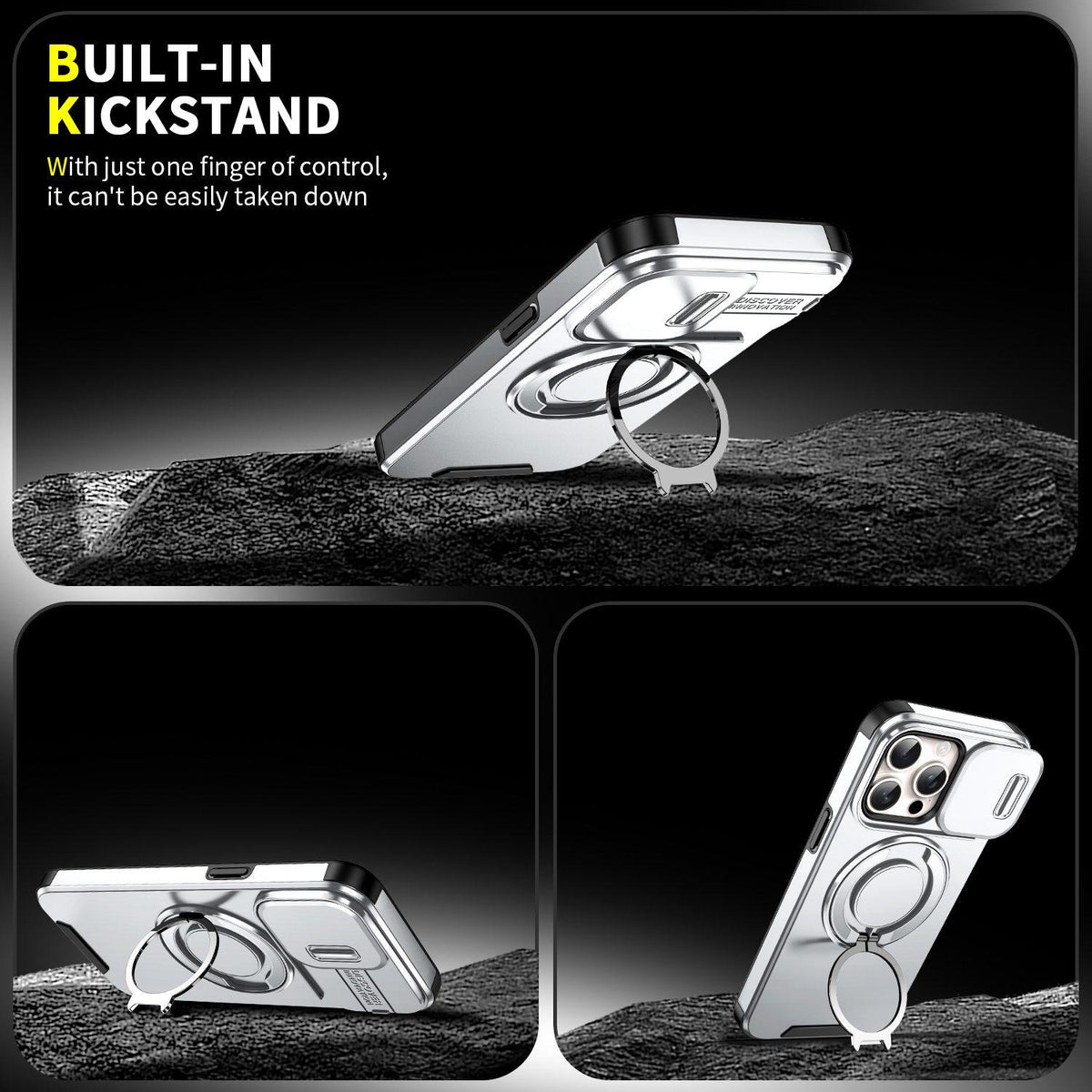 For iPhone 15 Pro Sliding Camshield Ring Holder Phone Case - Silver - EDA006784202G