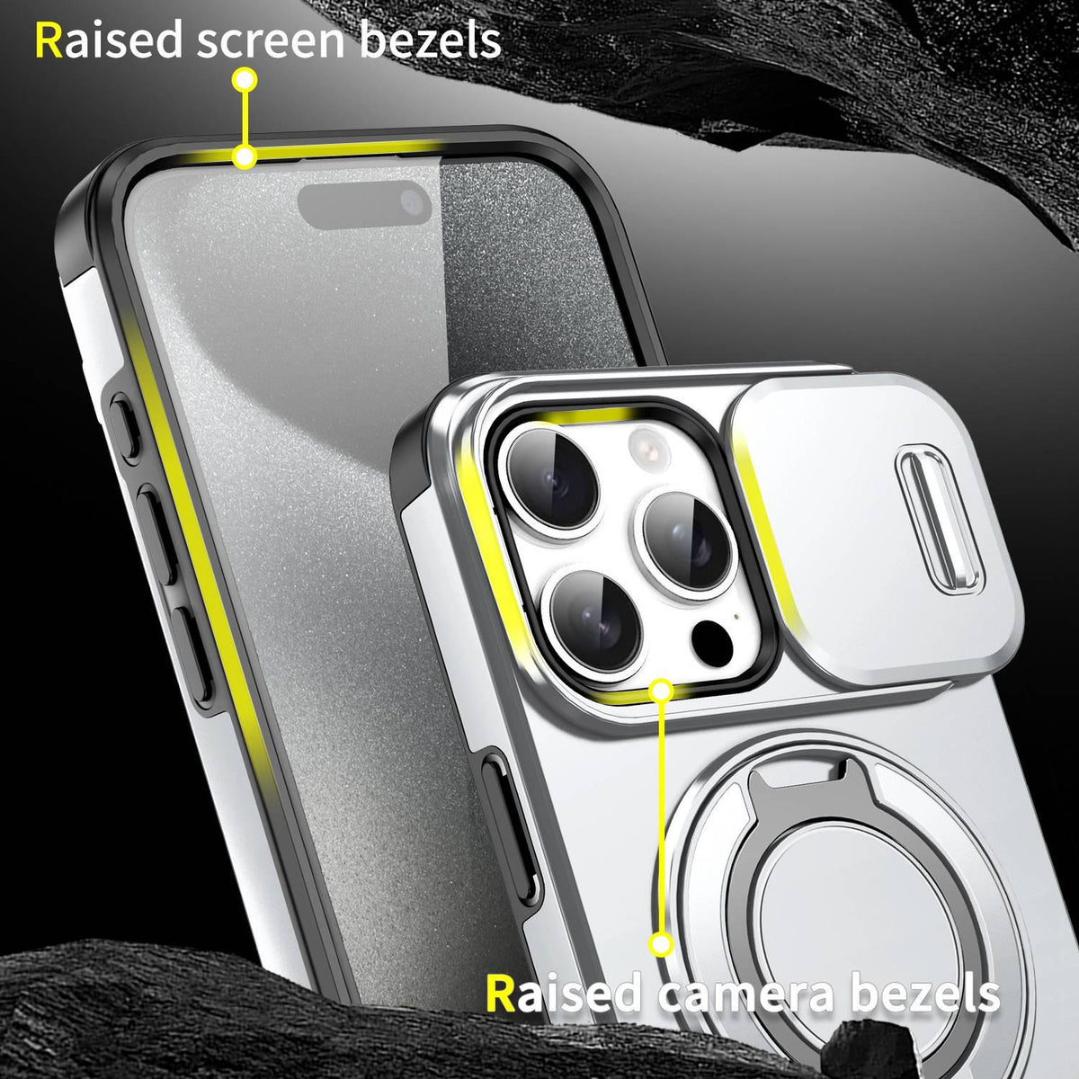 For iPhone 15 Pro Sliding Camshield Ring Holder Phone Case - Silver - EDA006784202G