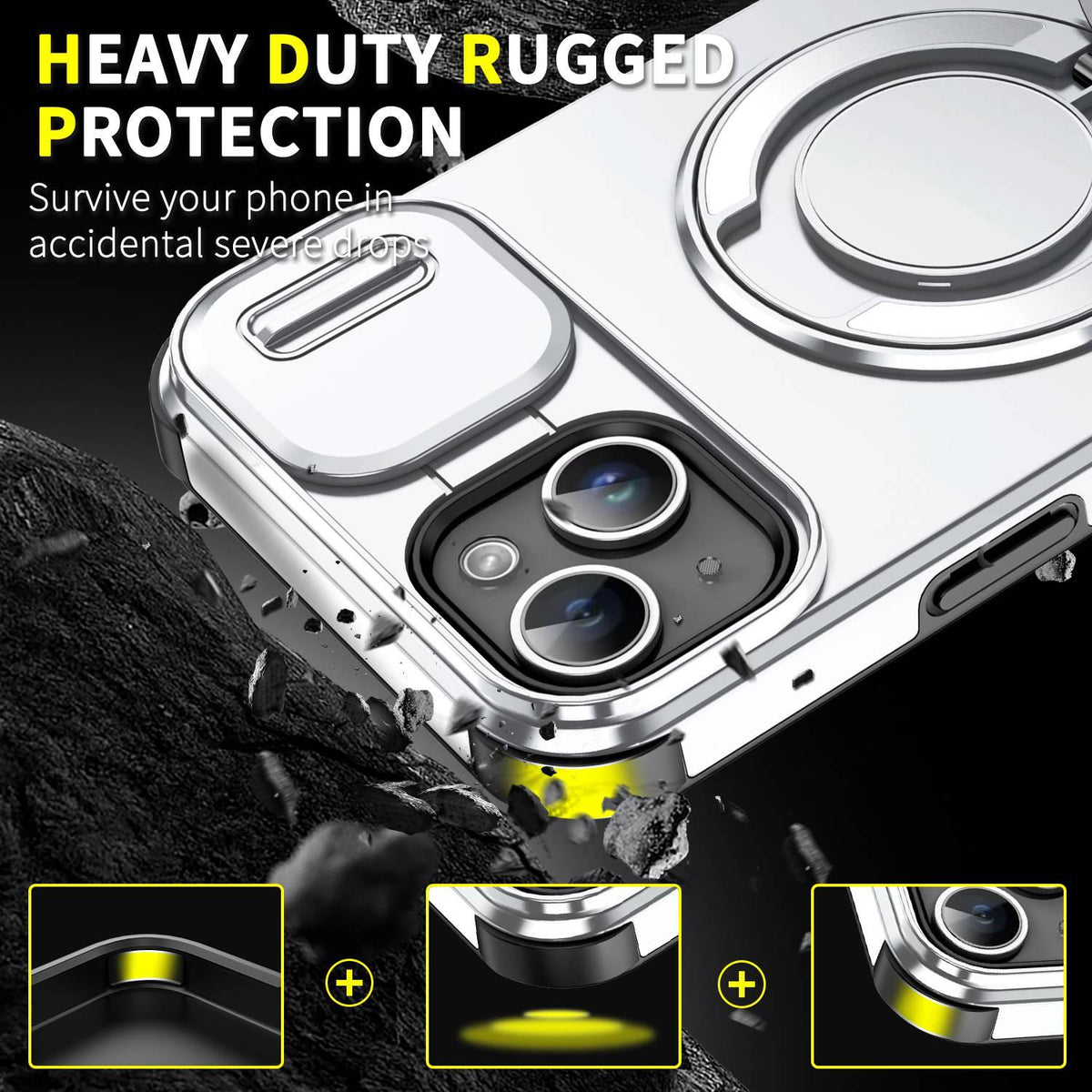 For iPhone 15 Plus Sliding Camshield Ring Holder Phone Case - Silver - EDA006784203G