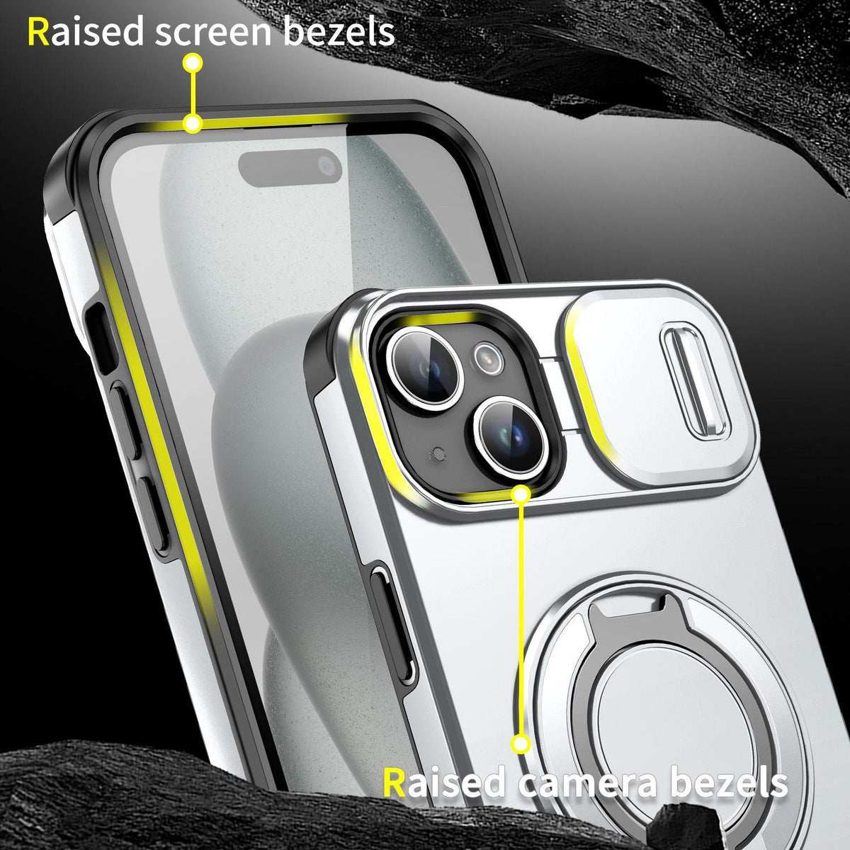 For iPhone 15 Plus Sliding Camshield Ring Holder Phone Case - Silver - EDA006784203G