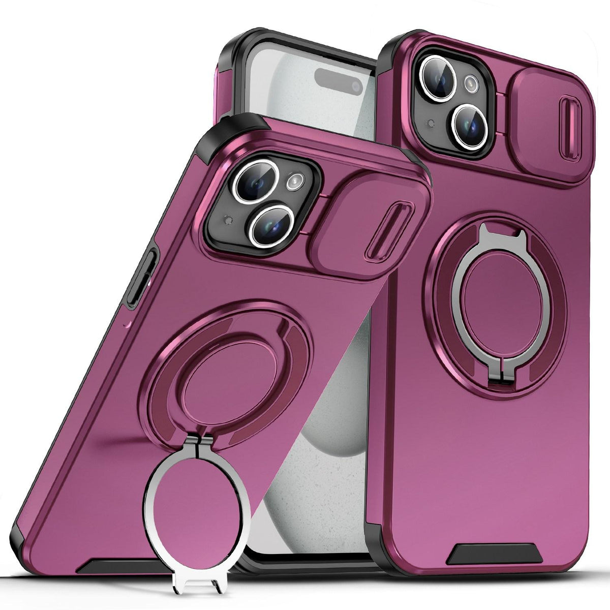For iPhone 15 Plus Sliding Camshield Ring Holder Phone Case - Cherry Red - EDA006784203H