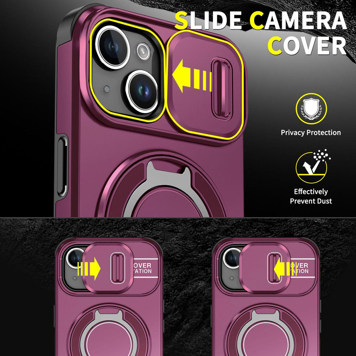 For iPhone 15 Sliding Camshield Ring Holder Phone Case - Cherry Red - EDA006784204H