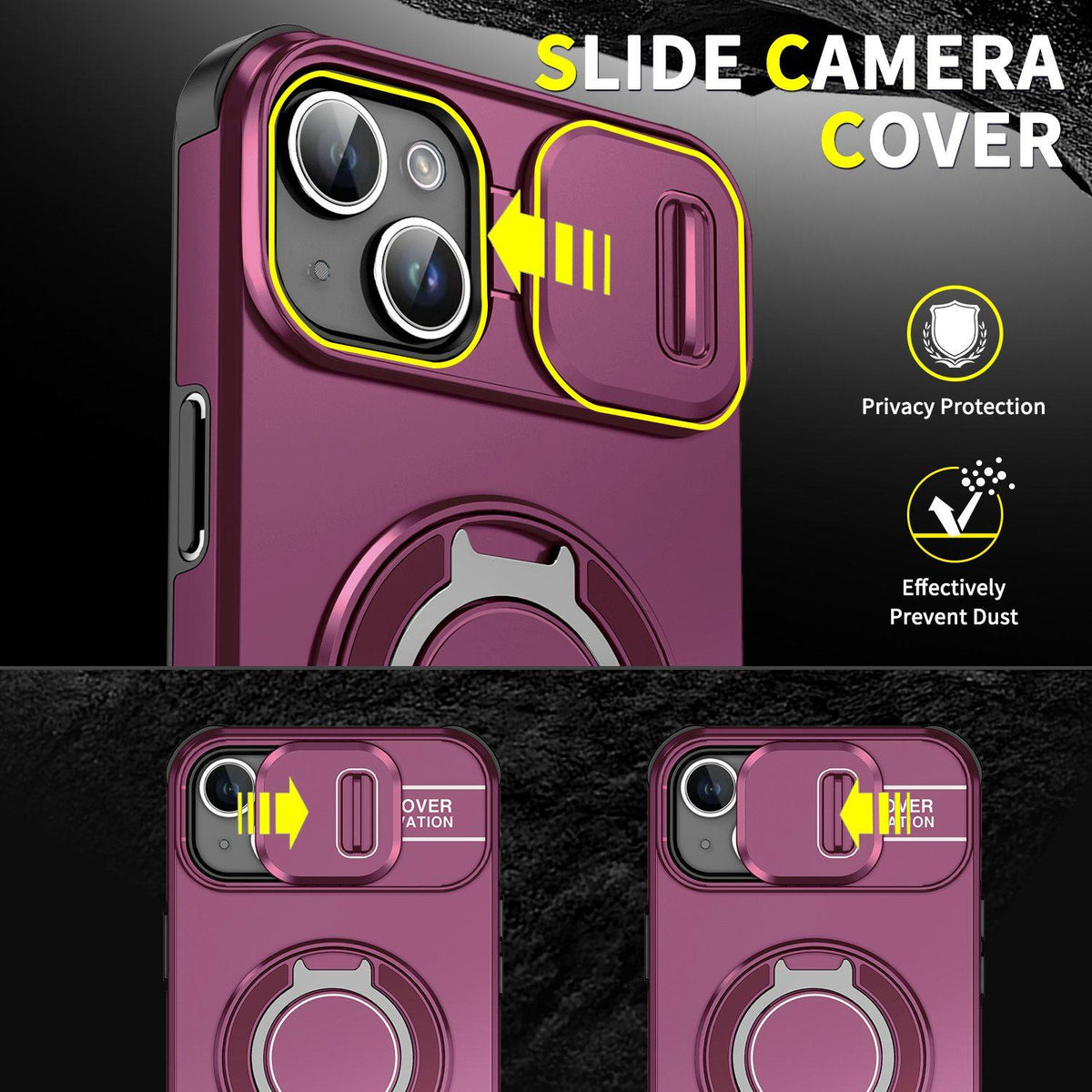 For iPhone 14 Plus Sliding Camshield Ring Holder Phone Case - Cherry Red - EDA006784205H