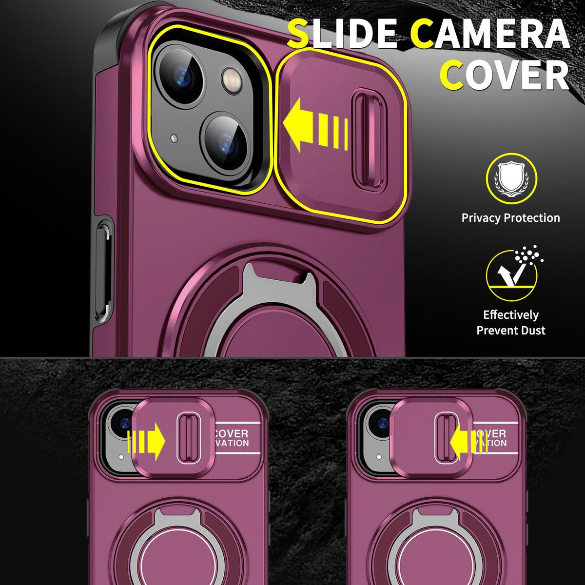 For iPhone 14 Sliding Camshield Ring Holder Phone Case - Cherry Red - EDA006784206H