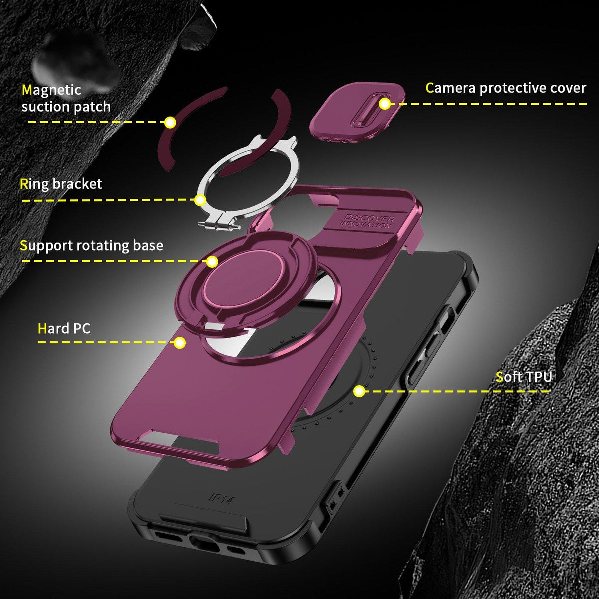 For iPhone 14 Sliding Camshield Ring Holder Phone Case - Cherry Red - EDA006784206H
