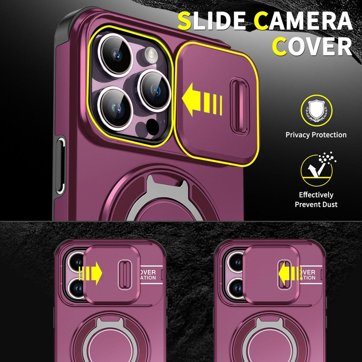 For iPhone 14 Pro Max Sliding Camshield Ring Holder Phone Case - Cherry Red - EDA006784208H