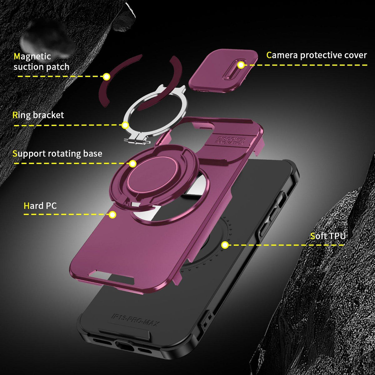 For iPhone 13 Pro Max Sliding Camshield Ring Holder Phone Case - Cherry Red - EDA006784209H