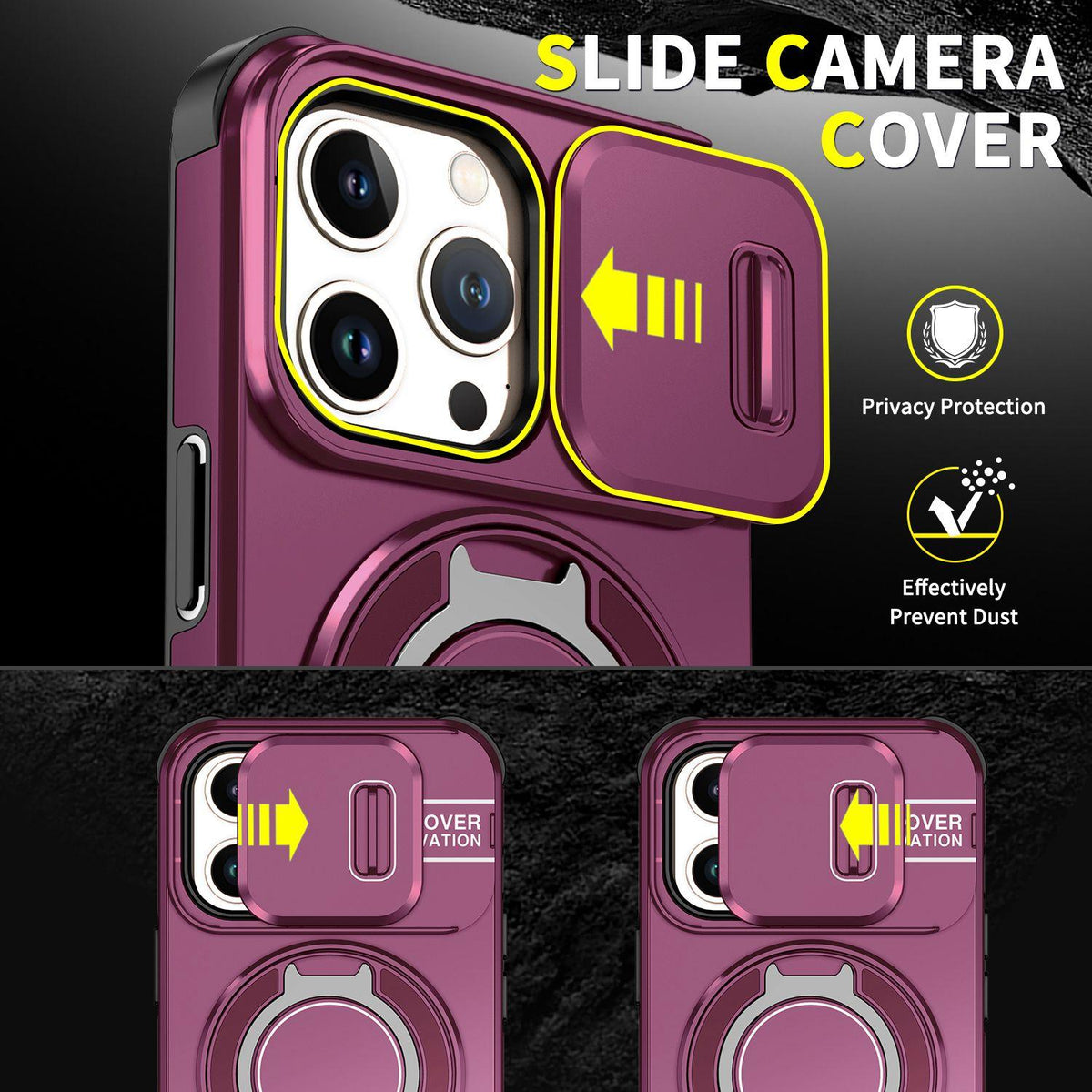 For iPhone 13 Pro Sliding Camshield Ring Holder Phone Case - Cherry Red - EDA006784210H