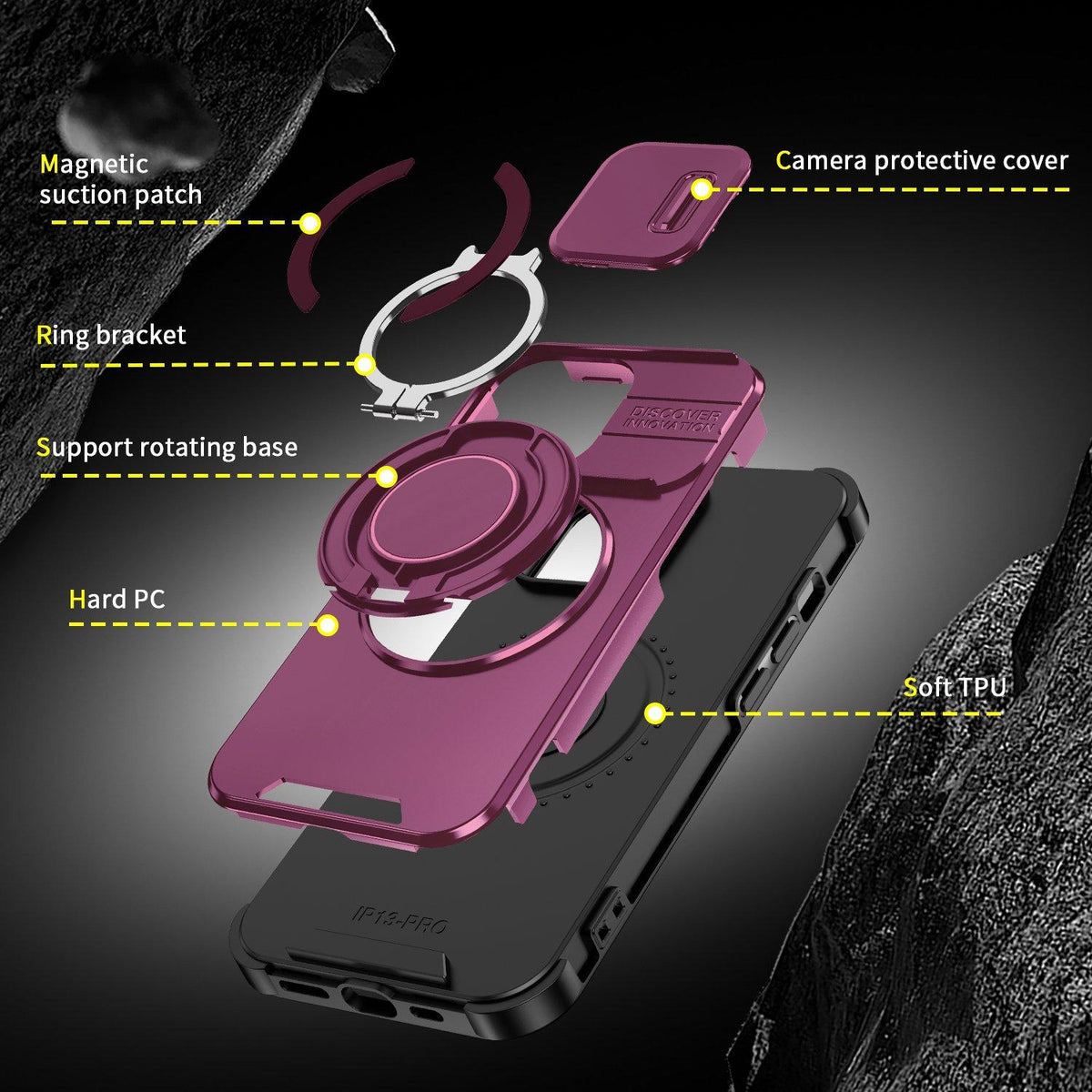 For iPhone 13 Pro Sliding Camshield Ring Holder Phone Case - Cherry Red - EDA006784210H