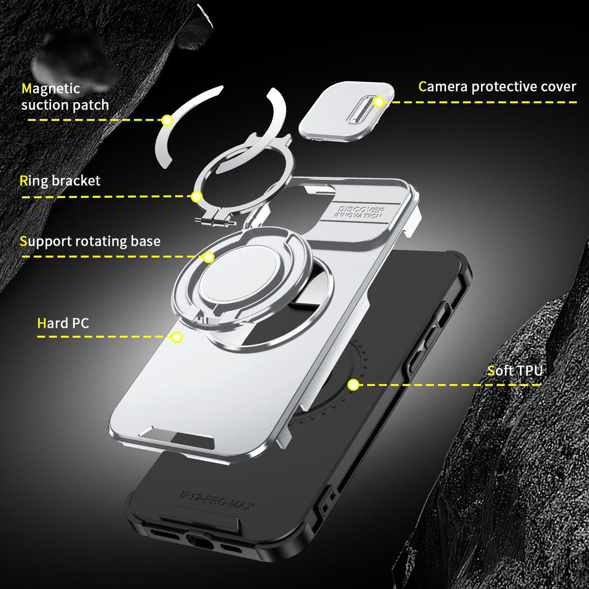 For iPhone 12 Pro Max Sliding Camshield Ring Holder Phone Case - Silver - EDA006784213G