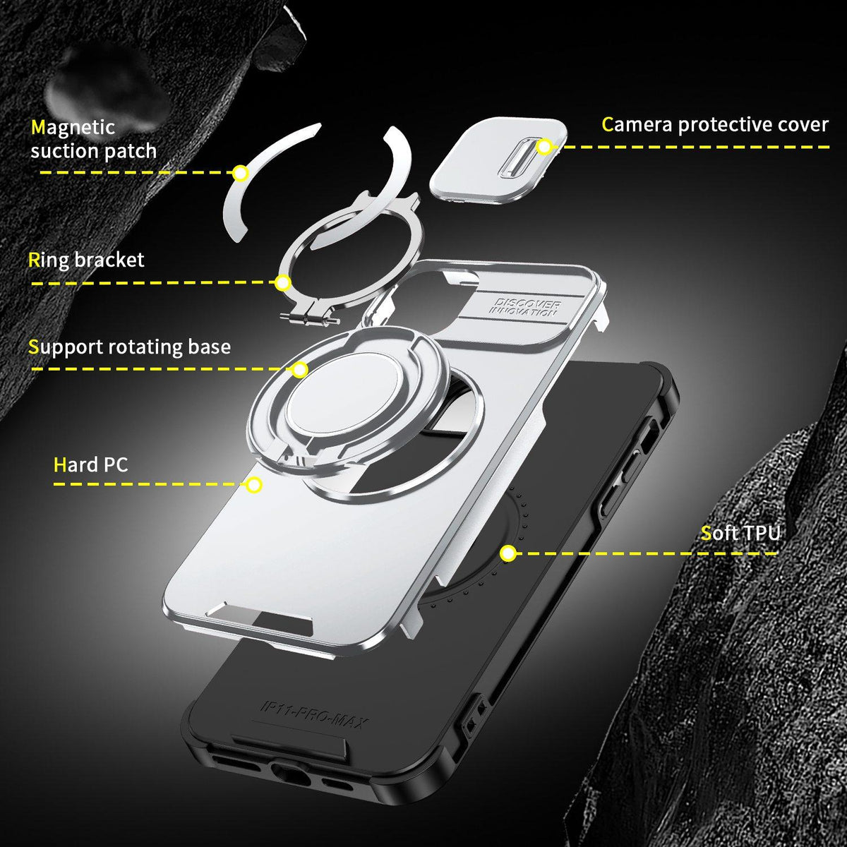 For iPhone 11 Pro Max Sliding Camshield Ring Holder Phone Case - Silver - EDA006784215G