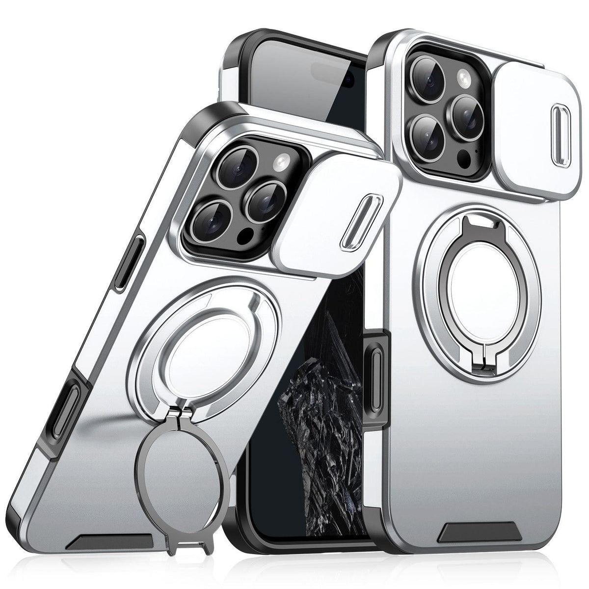 For iPhone 16 Pro Max Sliding Camshield Ring Holder Phone Case - Silver - EDA006784218G
