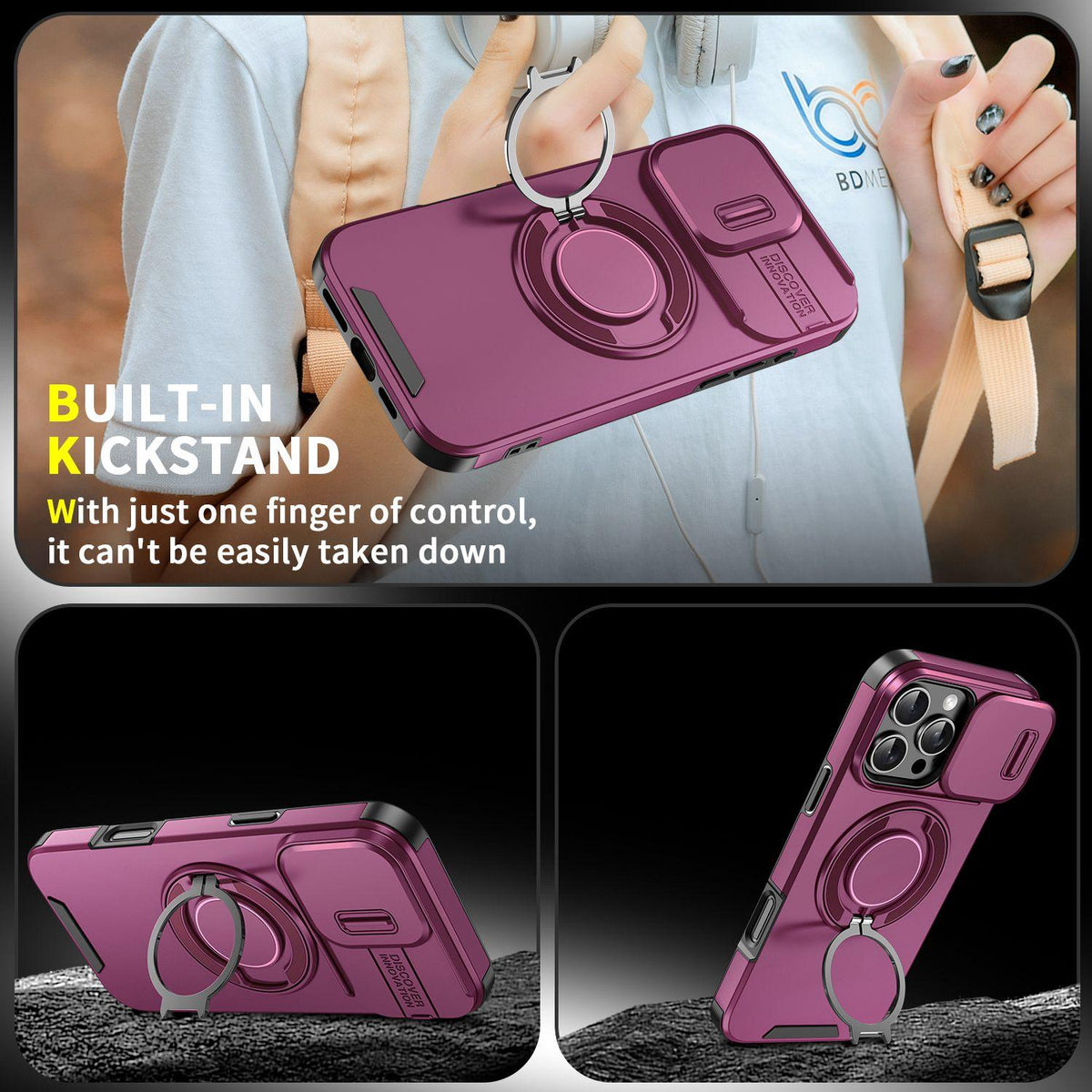 For iPhone 16 Pro Max Sliding Camshield Ring Holder Phone Case - Cherry Red - EDA006784218H
