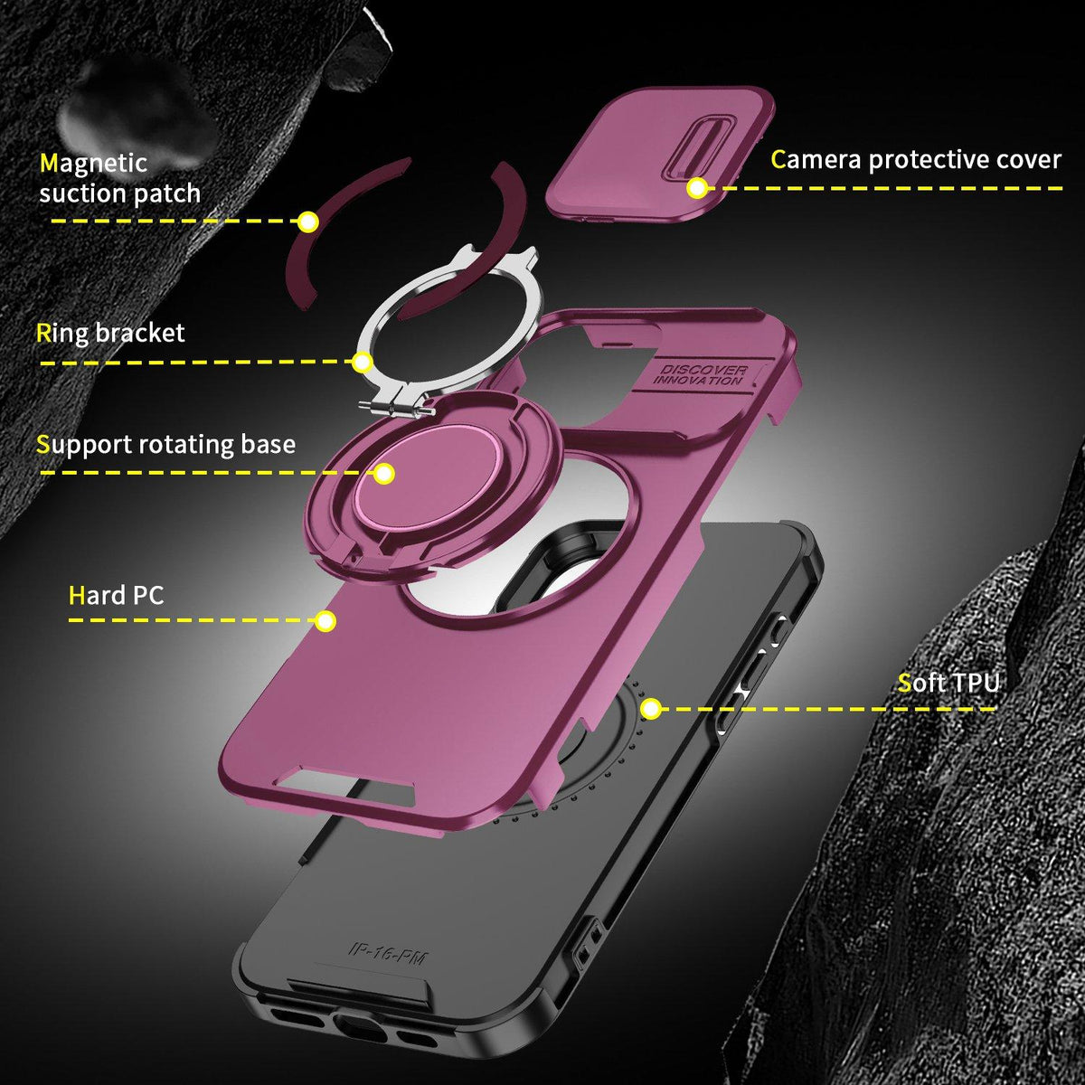 For iPhone 16 Pro Max Sliding Camshield Ring Holder Phone Case - Cherry Red - EDA006784218H
