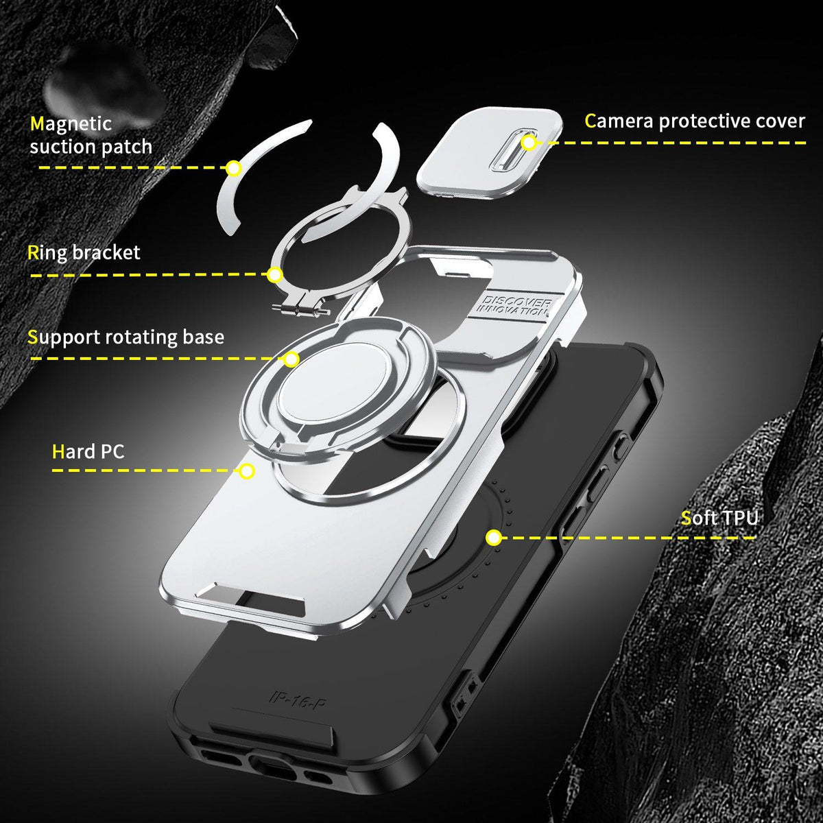 For iPhone 16 Pro Sliding Camshield Ring Holder Phone Case - Silver - EDA006784219G