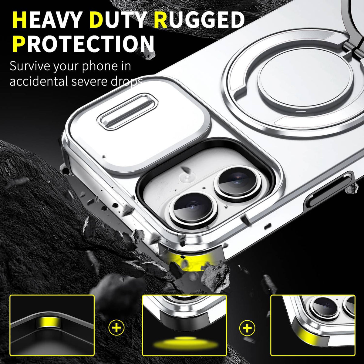 For iPhone 16 Plus Sliding Camshield Ring Holder Phone Case - Silver - EDA006784220G