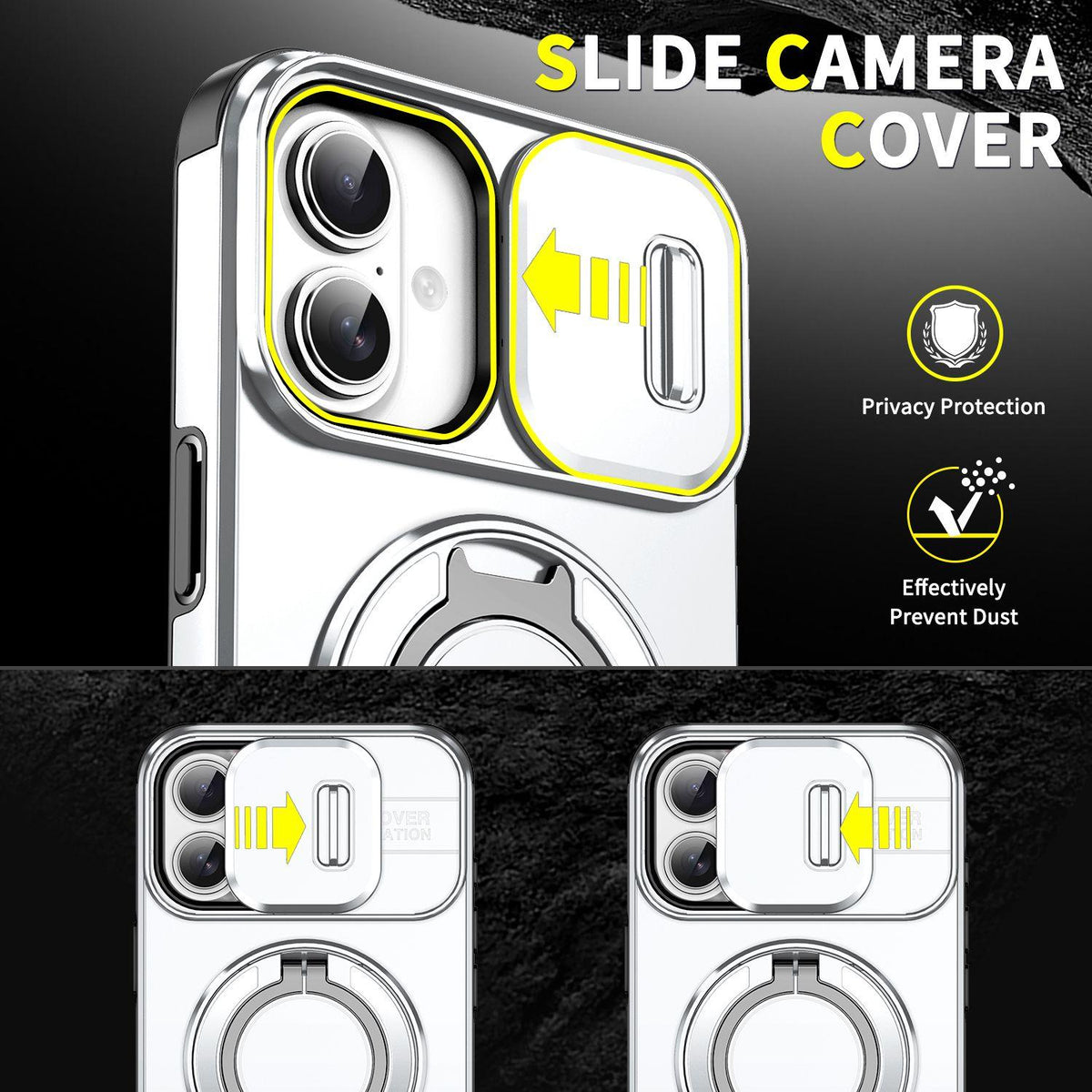 For iPhone 16 Plus Sliding Camshield Ring Holder Phone Case - Silver - EDA006784220G
