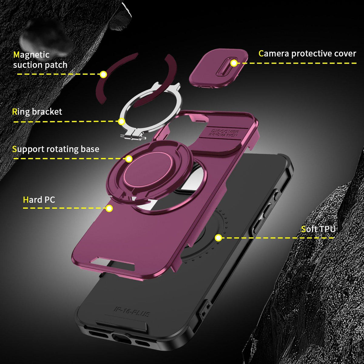 For iPhone 16 Plus Sliding Camshield Ring Holder Phone Case - Cherry Red - EDA006784220H
