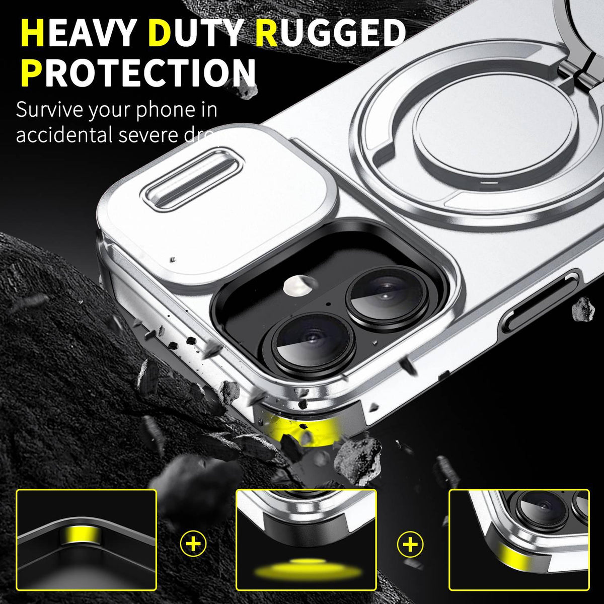 For iPhone 16 Sliding Camshield Ring Holder Phone Case - Silver - EDA006784221G