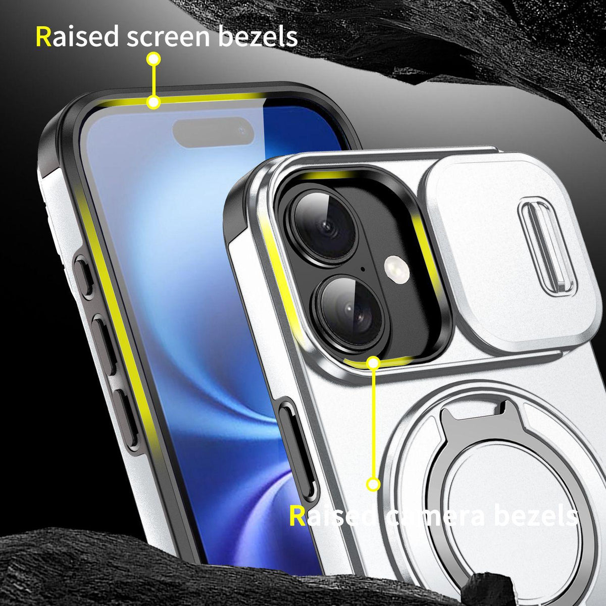For iPhone 16 Sliding Camshield Ring Holder Phone Case - Silver - EDA006784221G