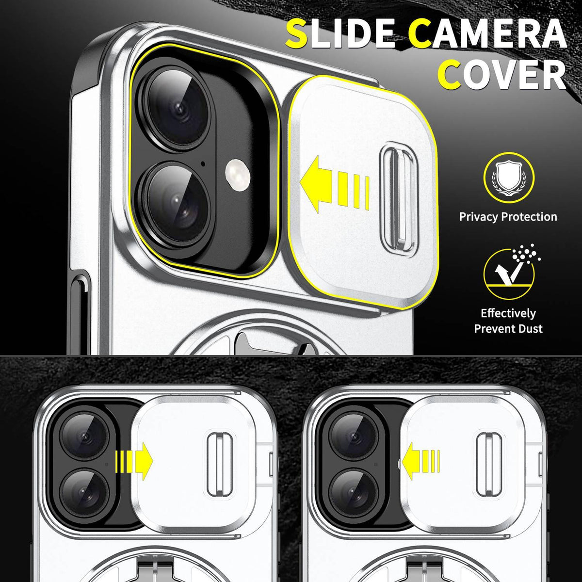 For iPhone 16 Sliding Camshield Ring Holder Phone Case - Silver - EDA006784221G