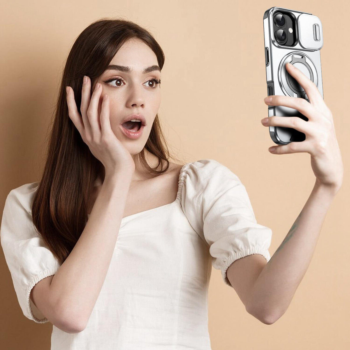 For iPhone 16 Sliding Camshield Ring Holder Phone Case - Silver - EDA006784221G