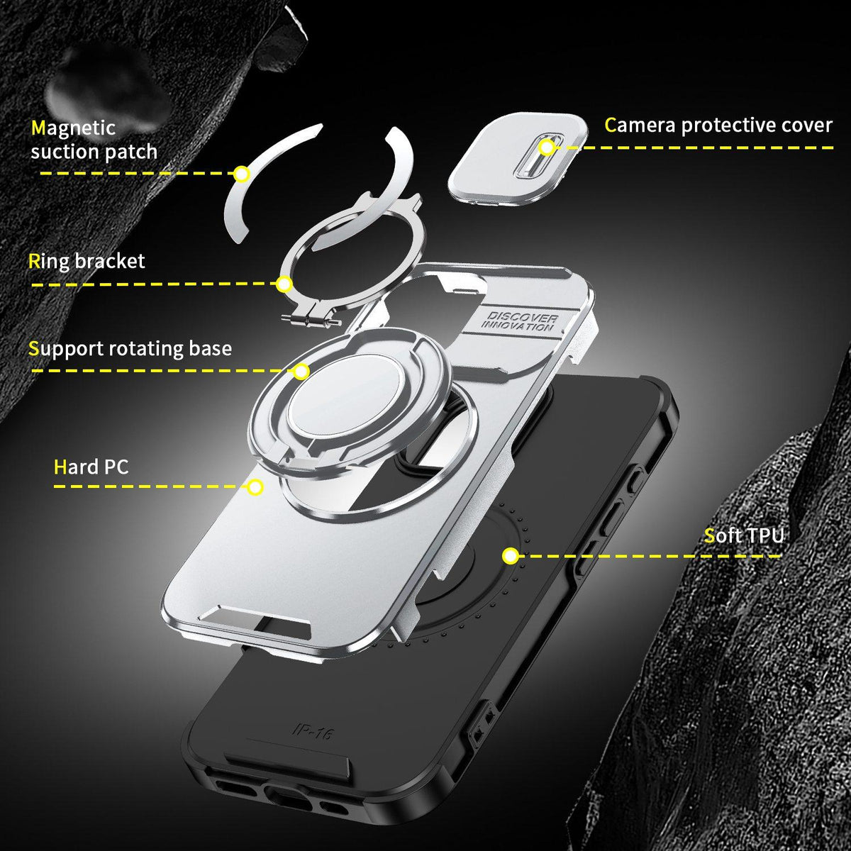 For iPhone 16 Sliding Camshield Ring Holder Phone Case - Silver - EDA006784221G