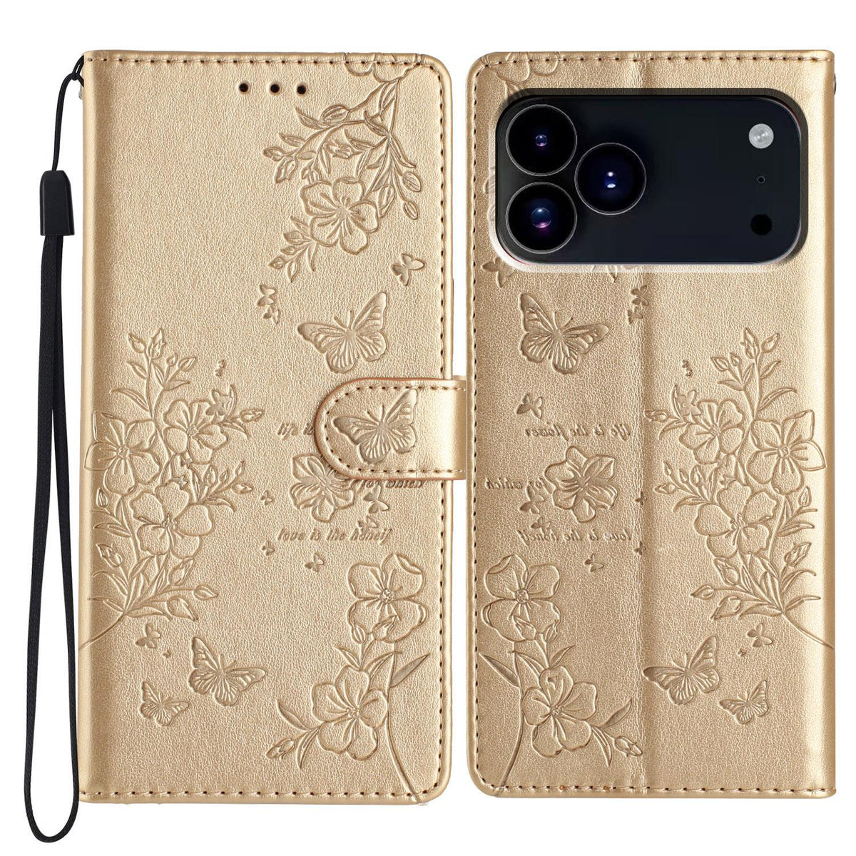 For iPhone 18 Pro Butterflies and Flowers Leather Phone Case - Gold - EDA006802930A