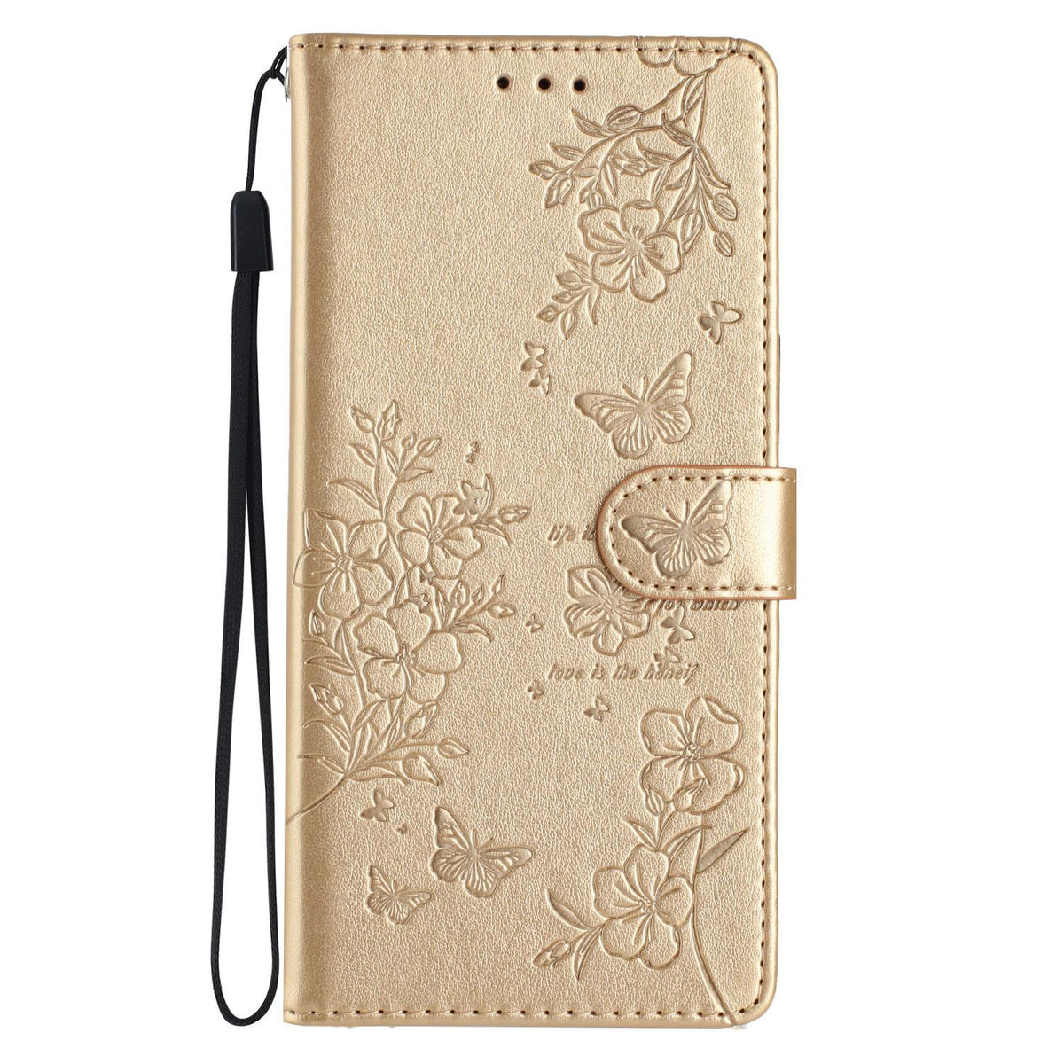 For iPhone 18 Pro Butterflies and Flowers Leather Phone Case - Gold - EDA006802930A