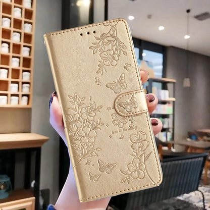 For iPhone 18 Pro Butterflies and Flowers Leather Phone Case - Gold - EDA006802930A