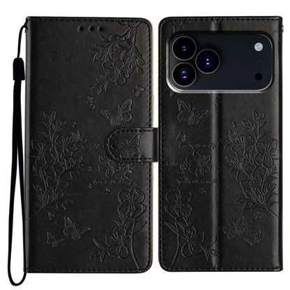 For iPhone 18 Pro Butterflies and Flowers Leather Phone Case - Black - EDA006802930B