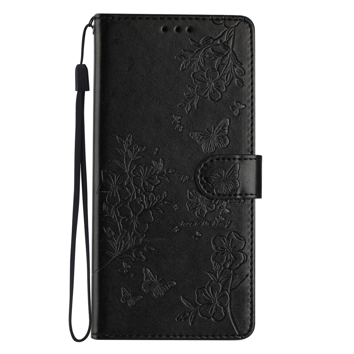 For iPhone 18 Pro Butterflies and Flowers Leather Phone Case - Black - EDA006802930B