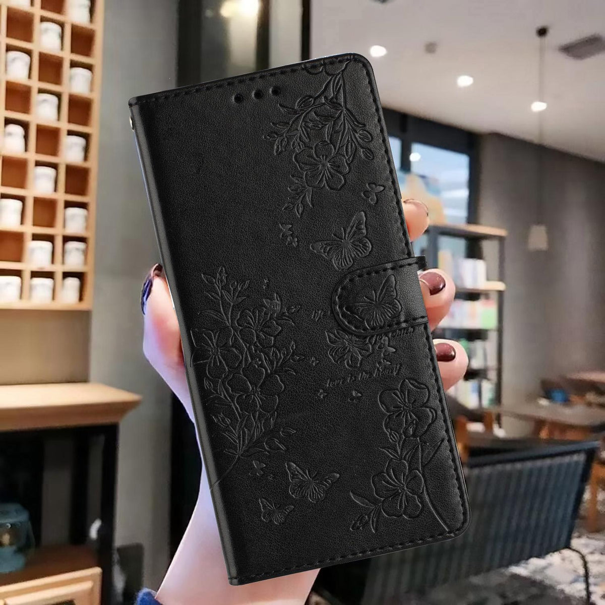 For iPhone 18 Pro Butterflies and Flowers Leather Phone Case - Black - EDA006802930B