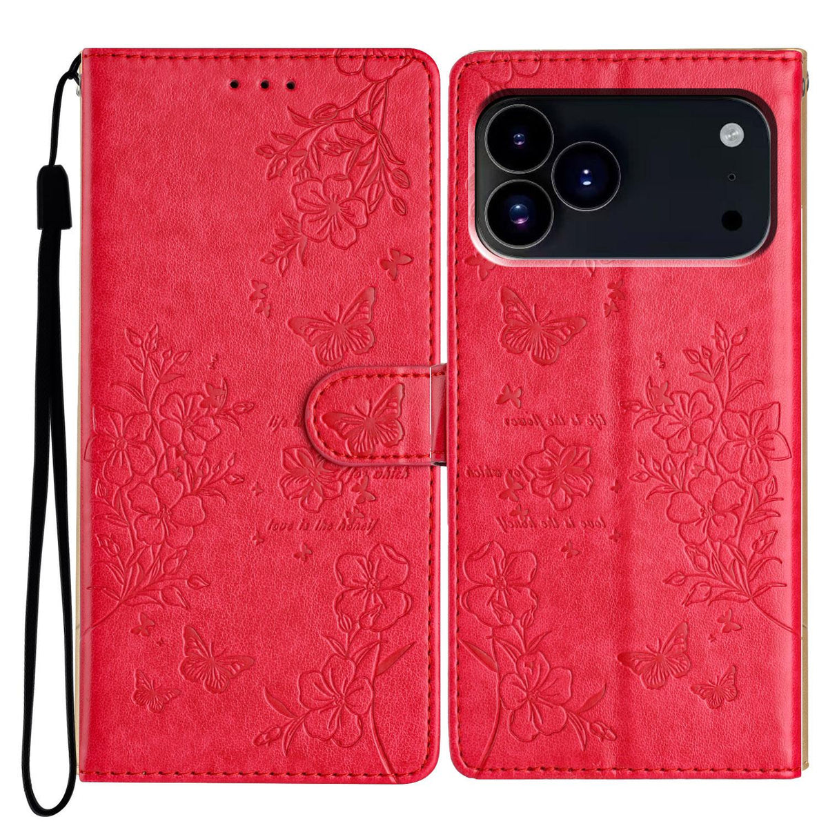 For iPhone 18 Pro Butterflies and Flowers Leather Phone Case - Red - EDA006802930C