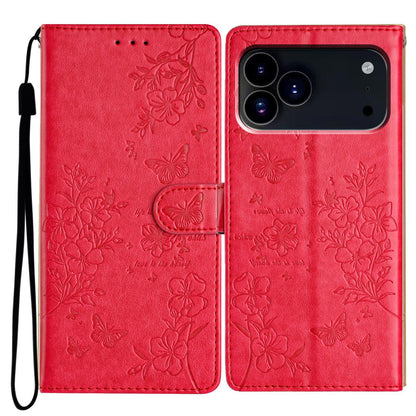 For iPhone 18 Pro Butterflies and Flowers Leather Phone Case - Red - EDA006802930C