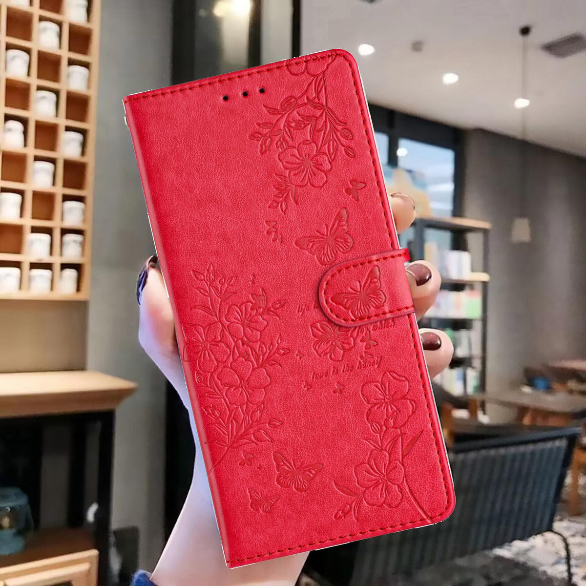 For iPhone 18 Pro Butterflies and Flowers Leather Phone Case - Red - EDA006802930C