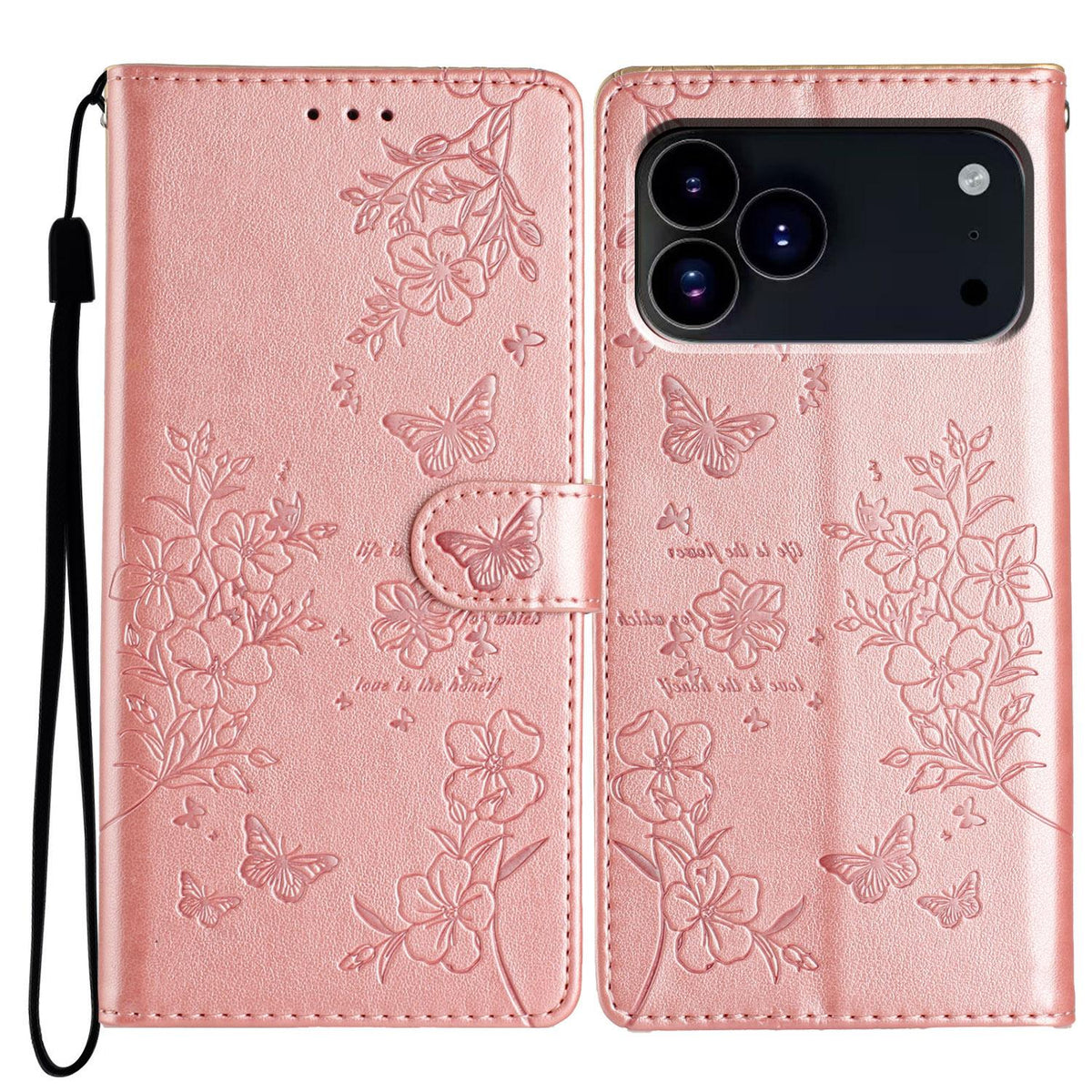 For iPhone 18 Pro Butterflies and Flowers Leather Phone Case - Rose Gold - EDA006802930D