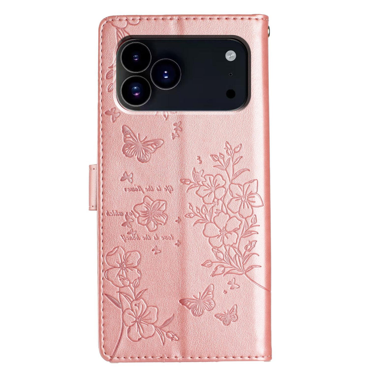 For iPhone 18 Pro Butterflies and Flowers Leather Phone Case - Rose Gold - EDA006802930D