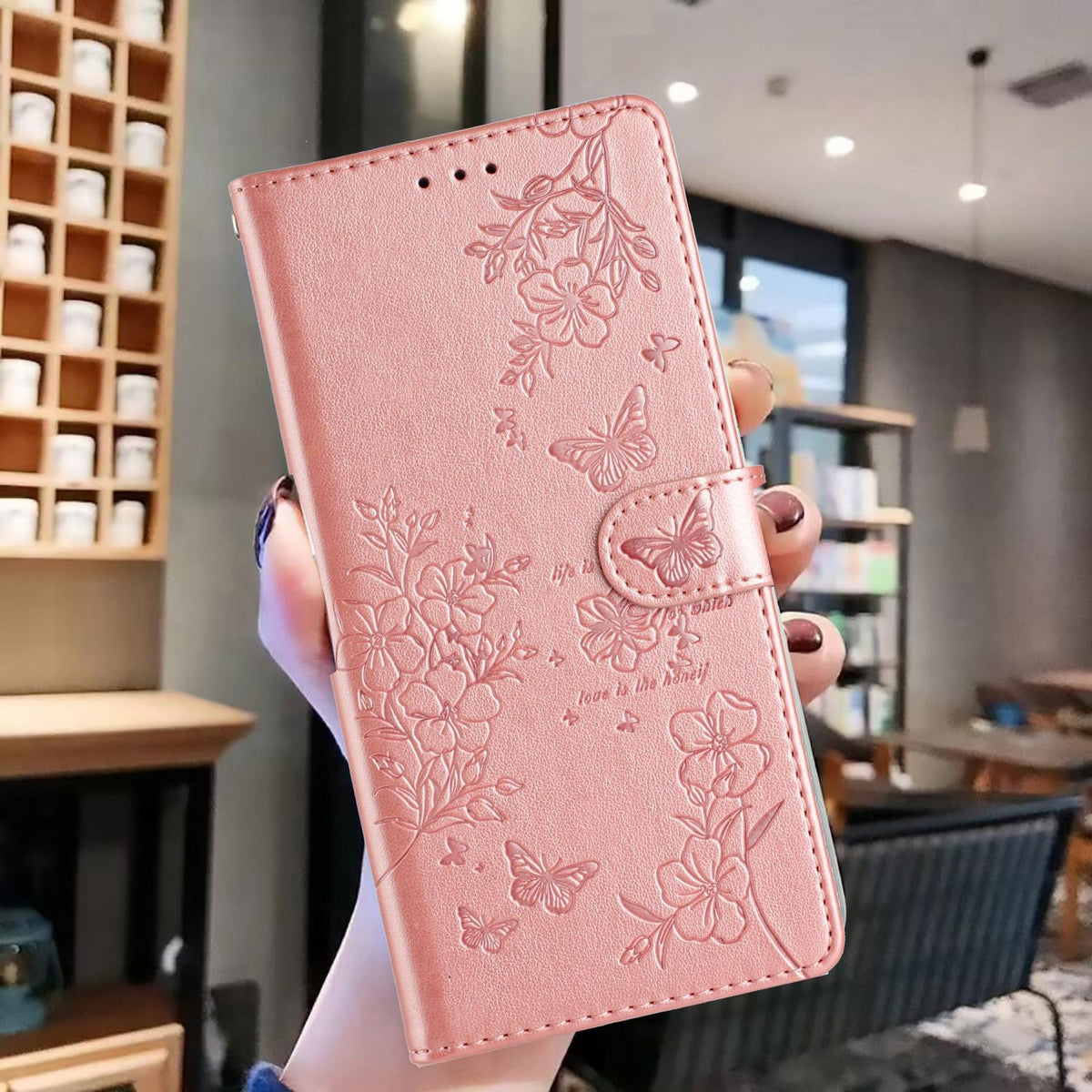 For iPhone 18 Pro Butterflies and Flowers Leather Phone Case - Rose Gold - EDA006802930D