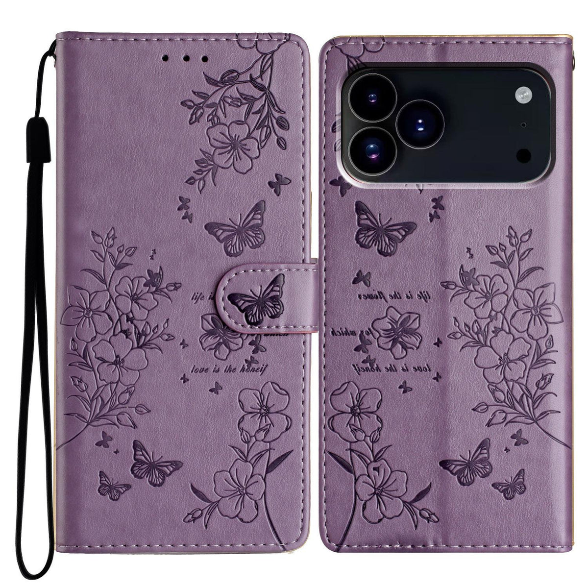 For iPhone 18 Pro Butterflies and Flowers Leather Phone Case - Purple - EDA006802930E