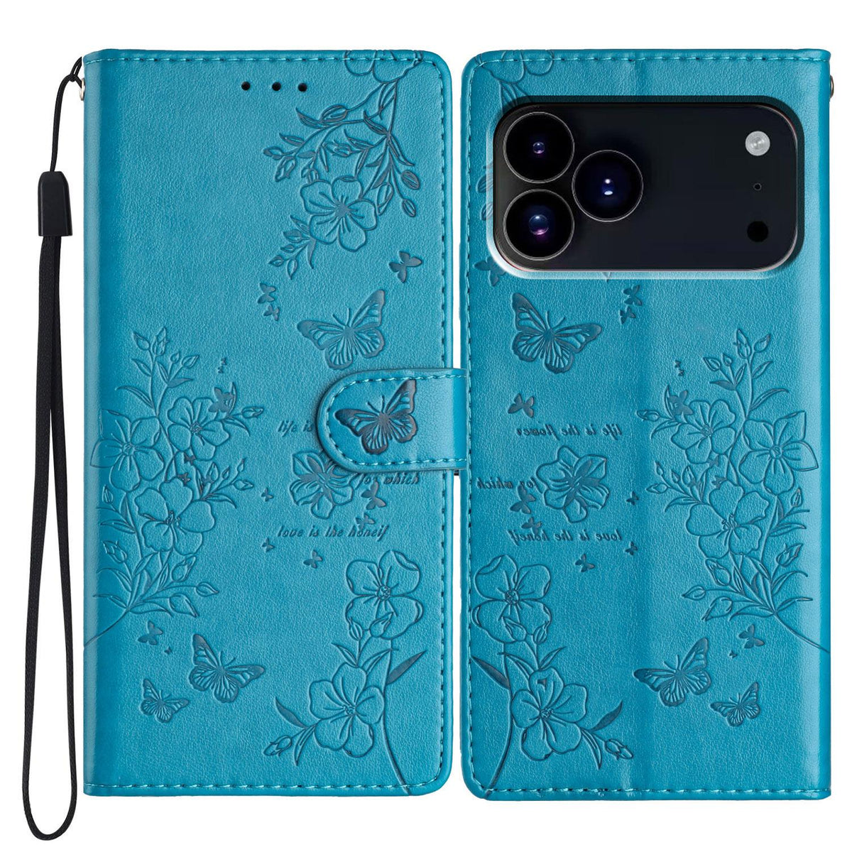 For iPhone 18 Pro Butterflies and Flowers Leather Phone Case - Blue - EDA006802930F