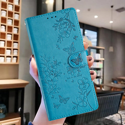 For iPhone 18 Pro Butterflies and Flowers Leather Phone Case - Blue - EDA006802930F