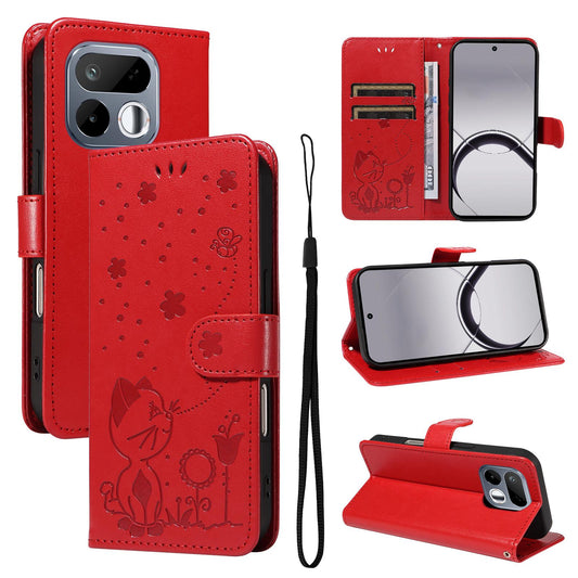 For Realme 16T 5G Cat and Bee Embossed Flip Leather Phone Case - Red - EDA006820110A