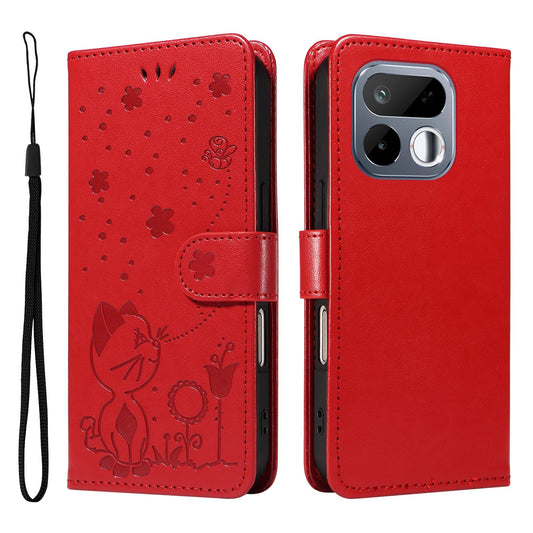 For Realme 16T 5G Cat and Bee Embossed Flip Leather Phone Case - Red - EDA006820110A