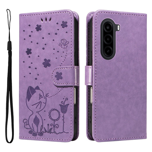 For Realme P4x 5G Cat and Bee Embossed Flip Leather Phone Case - Purple - EDA006820111F