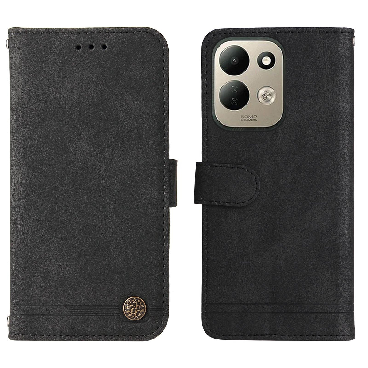 For Redmi 17 5G / 4G Global 170mm Skin Feel Life Tree Metal Button Leather Phone Case - Black - EDA006821326D