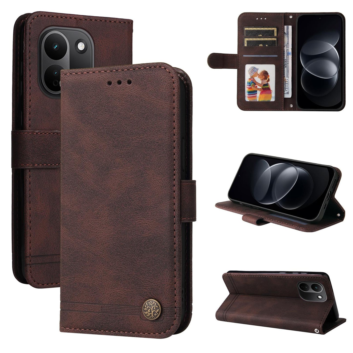 For Redmi Note 17 Pro+ 5G Global 163mm Skin Feel Life Tree Metal Button Leather Phone Case(Brown)